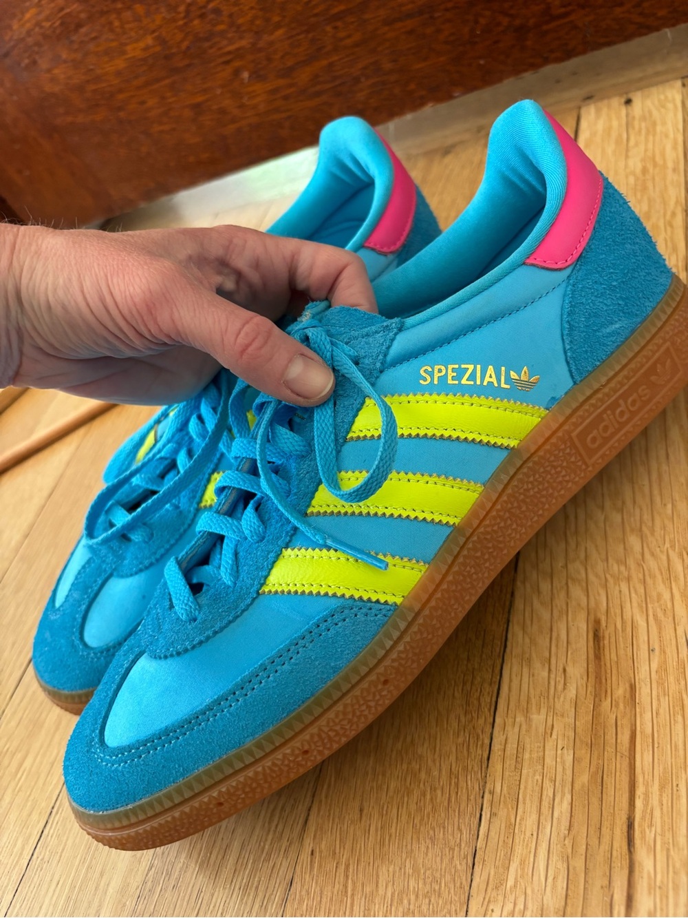 adidas Spezial Turquoise Sneakers with Neon Yellow Stripes & Pink Heel